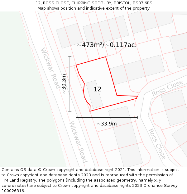 12, ROSS CLOSE, CHIPPING SODBURY, BRISTOL, BS37 6RS: Plot and title map