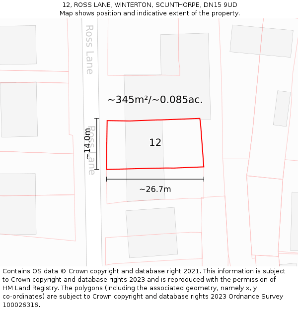 12, ROSS LANE, WINTERTON, SCUNTHORPE, DN15 9UD: Plot and title map