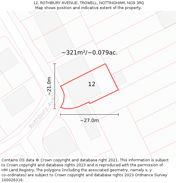 12, ROTHBURY AVENUE, TROWELL, NOTTINGHAM, NG9 3RQ: Plot and title map