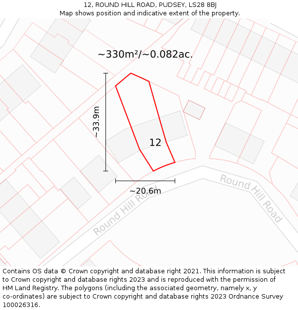 12, ROUND HILL ROAD, PUDSEY, LS28 8BJ: Plot and title map