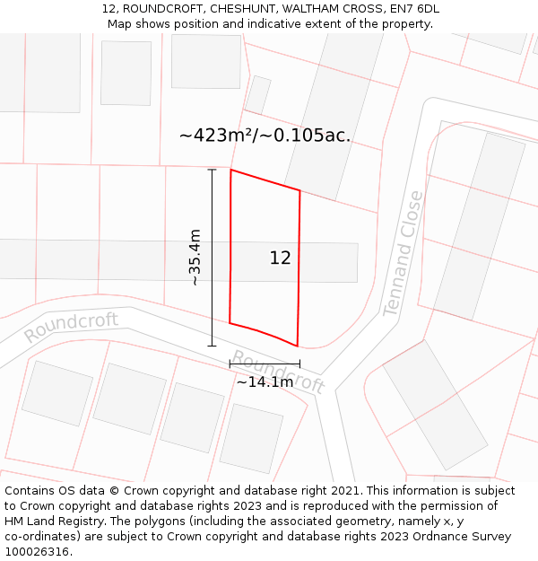 12, ROUNDCROFT, CHESHUNT, WALTHAM CROSS, EN7 6DL: Plot and title map
