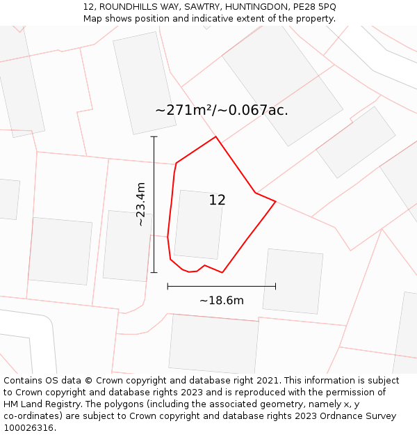 12, ROUNDHILLS WAY, SAWTRY, HUNTINGDON, PE28 5PQ: Plot and title map
