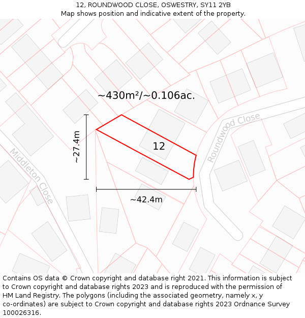 12, ROUNDWOOD CLOSE, OSWESTRY, SY11 2YB: Plot and title map
