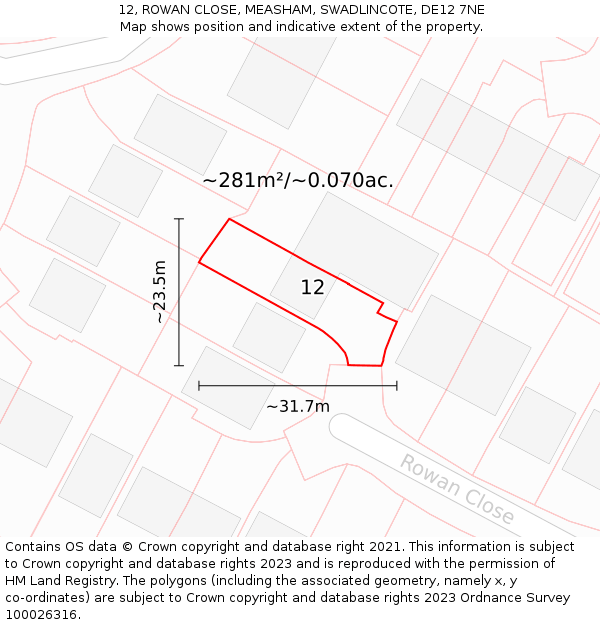 12, ROWAN CLOSE, MEASHAM, SWADLINCOTE, DE12 7NE: Plot and title map