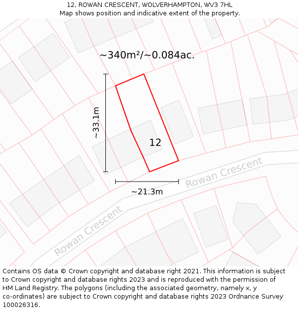 12, ROWAN CRESCENT, WOLVERHAMPTON, WV3 7HL: Plot and title map