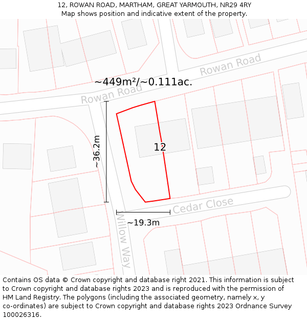 12, ROWAN ROAD, MARTHAM, GREAT YARMOUTH, NR29 4RY: Plot and title map