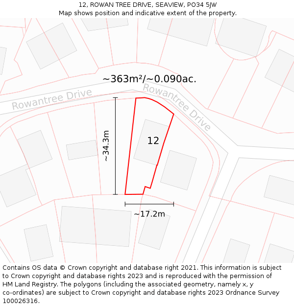 12, ROWAN TREE DRIVE, SEAVIEW, PO34 5JW: Plot and title map