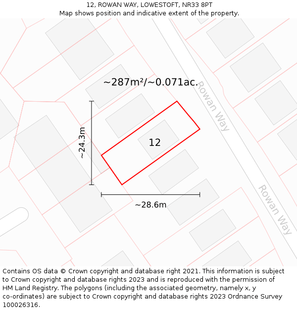 12, ROWAN WAY, LOWESTOFT, NR33 8PT: Plot and title map