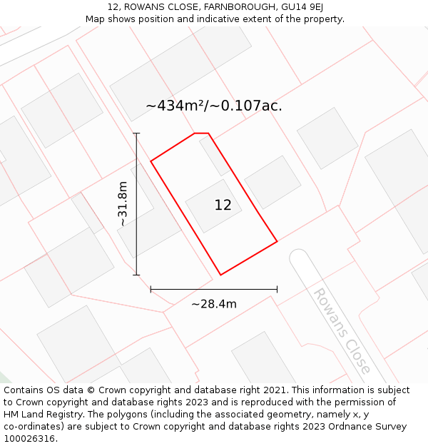 12, ROWANS CLOSE, FARNBOROUGH, GU14 9EJ: Plot and title map