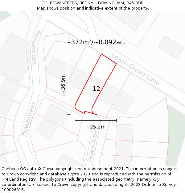 12, ROWANTREES, REDNAL, BIRMINGHAM, B45 8DP: Plot and title map