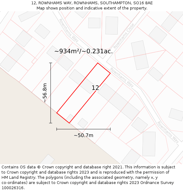 12, ROWNHAMS WAY, ROWNHAMS, SOUTHAMPTON, SO16 8AE: Plot and title map