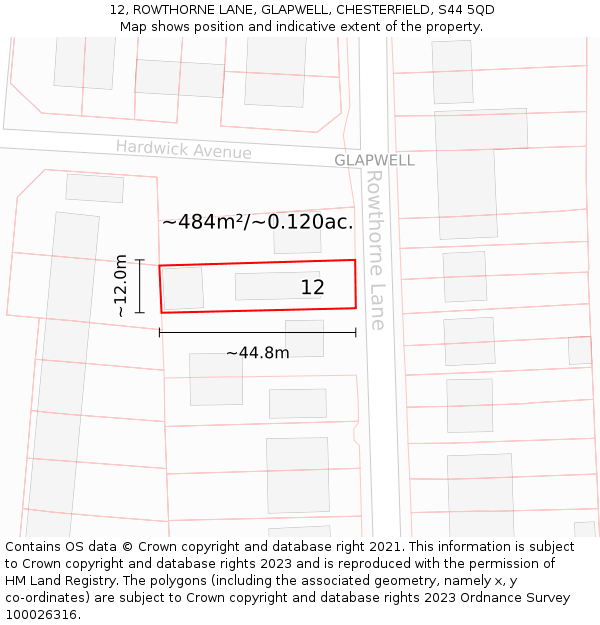 12, ROWTHORNE LANE, GLAPWELL, CHESTERFIELD, S44 5QD: Plot and title map