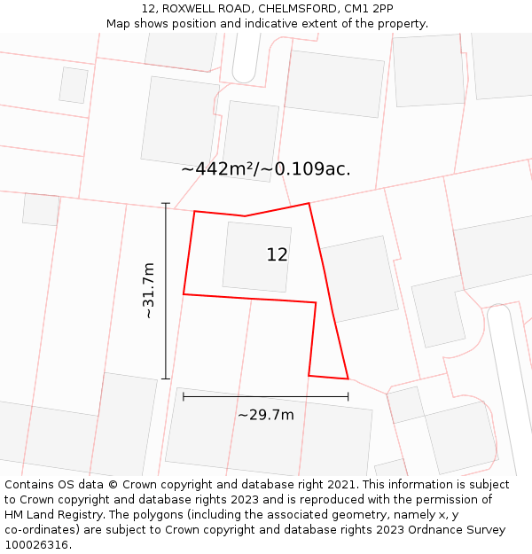 12, ROXWELL ROAD, CHELMSFORD, CM1 2PP: Plot and title map
