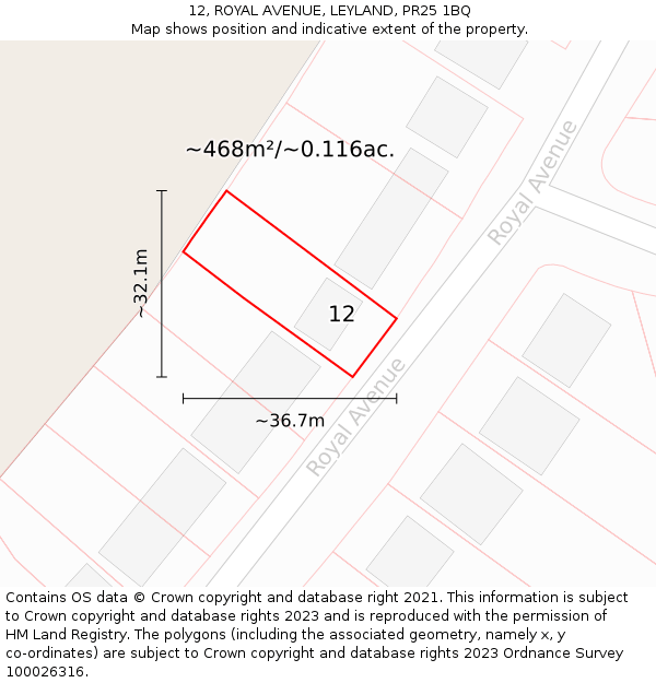 12, ROYAL AVENUE, LEYLAND, PR25 1BQ: Plot and title map