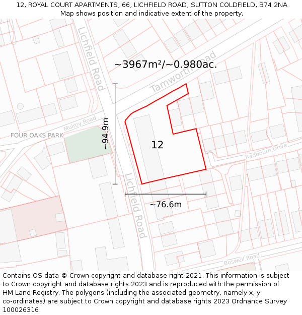 12, ROYAL COURT APARTMENTS, 66, LICHFIELD ROAD, SUTTON COLDFIELD, B74 2NA: Plot and title map
