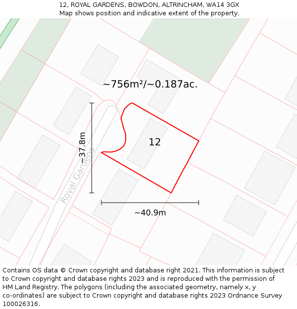 12, ROYAL GARDENS, BOWDON, ALTRINCHAM, WA14 3GX: Plot and title map