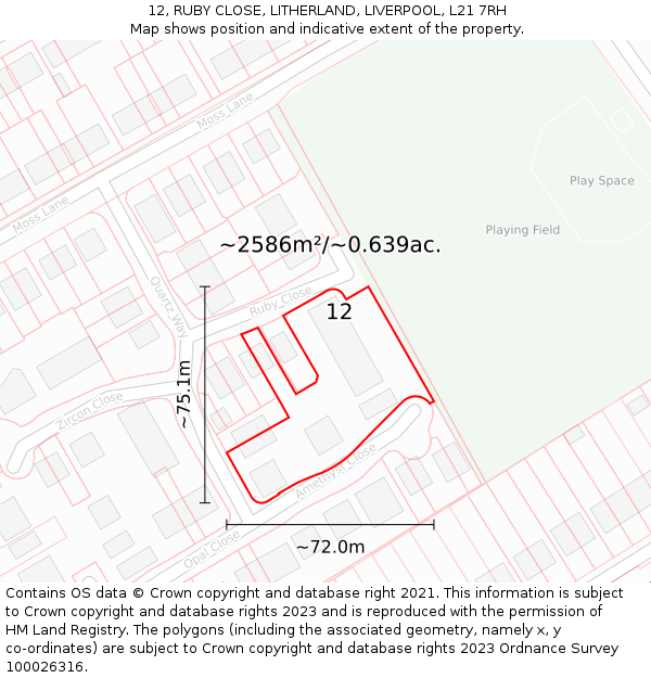 12, RUBY CLOSE, LITHERLAND, LIVERPOOL, L21 7RH: Plot and title map