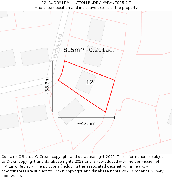 12, RUDBY LEA, HUTTON RUDBY, YARM, TS15 0JZ: Plot and title map