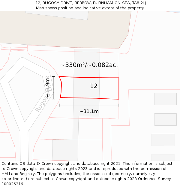 12, RUGOSA DRIVE, BERROW, BURNHAM-ON-SEA, TA8 2LJ: Plot and title map