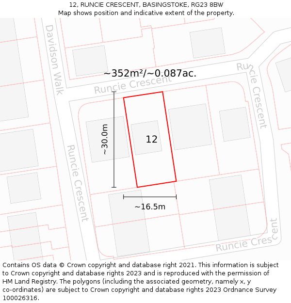 12, RUNCIE CRESCENT, BASINGSTOKE, RG23 8BW: Plot and title map