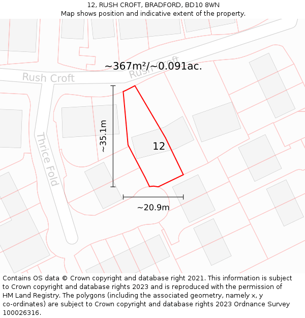 12, RUSH CROFT, BRADFORD, BD10 8WN: Plot and title map