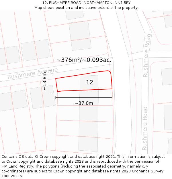 12, RUSHMERE ROAD, NORTHAMPTON, NN1 5RY: Plot and title map