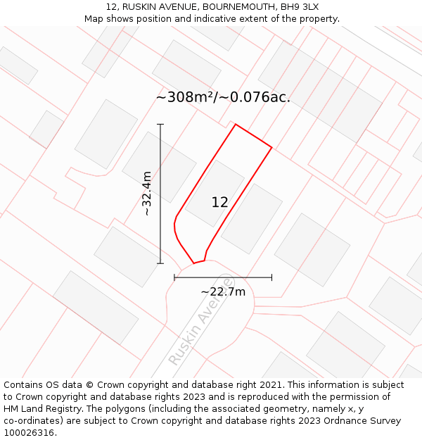 12, RUSKIN AVENUE, BOURNEMOUTH, BH9 3LX: Plot and title map