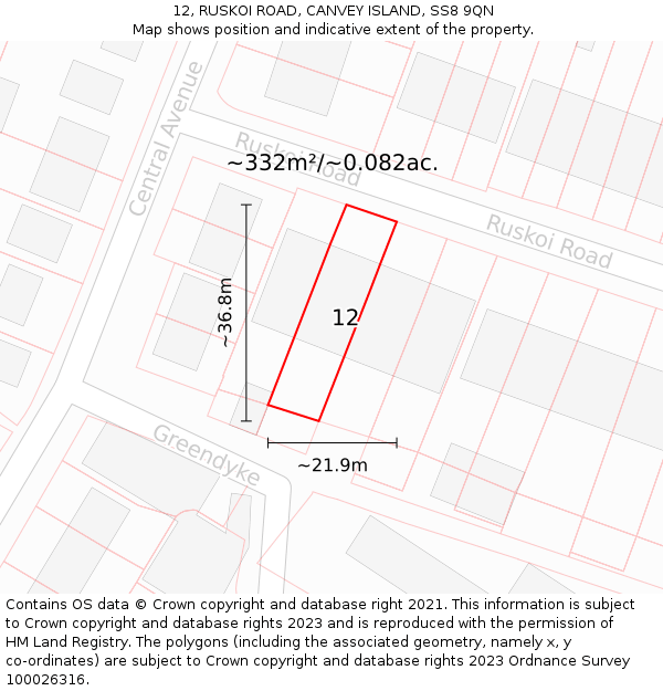 12, RUSKOI ROAD, CANVEY ISLAND, SS8 9QN: Plot and title map