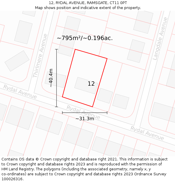 12, RYDAL AVENUE, RAMSGATE, CT11 0PT: Plot and title map