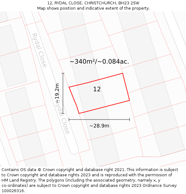 12, RYDAL CLOSE, CHRISTCHURCH, BH23 2SW: Plot and title map