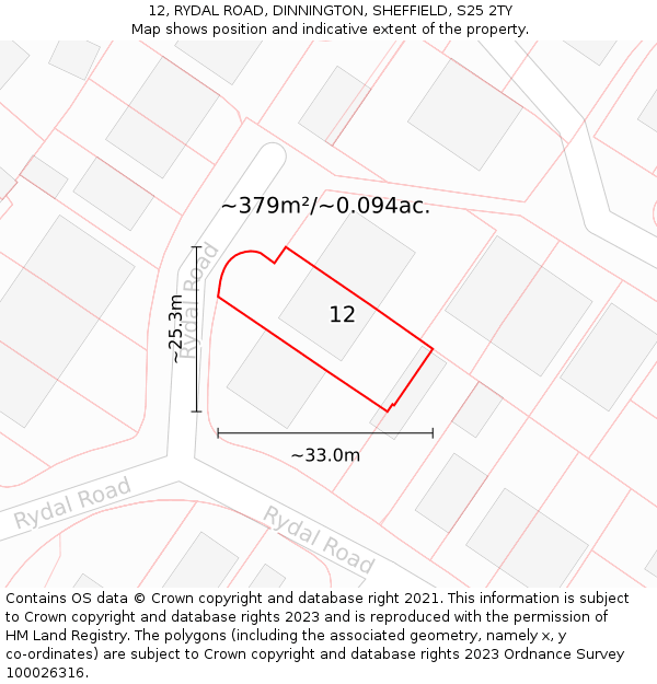 12, RYDAL ROAD, DINNINGTON, SHEFFIELD, S25 2TY: Plot and title map