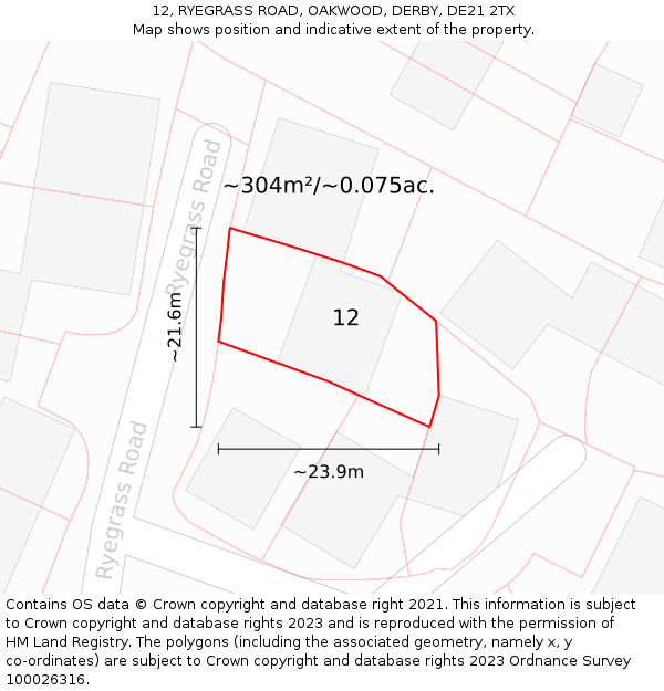 12, RYEGRASS ROAD, OAKWOOD, DERBY, DE21 2TX: Plot and title map