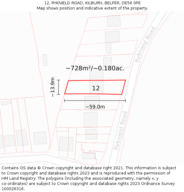 12, RYKNIELD ROAD, KILBURN, BELPER, DE56 0PE: Plot and title map