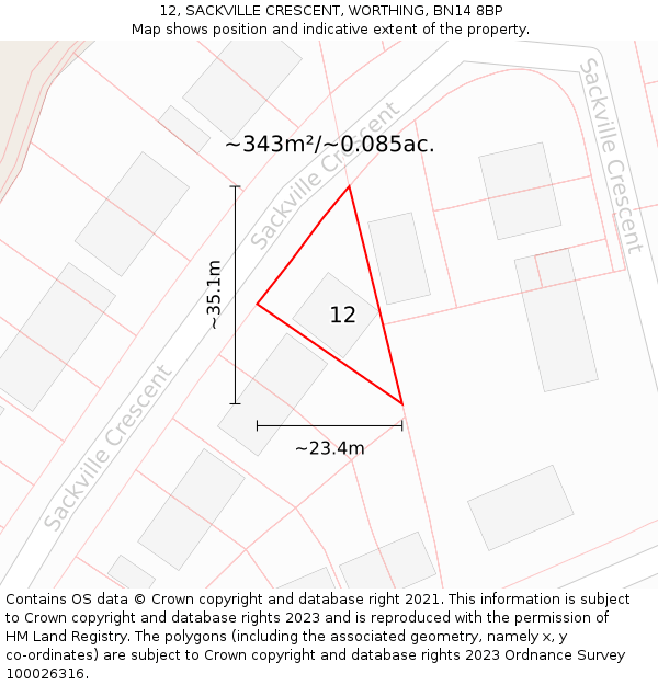 12, SACKVILLE CRESCENT, WORTHING, BN14 8BP: Plot and title map
