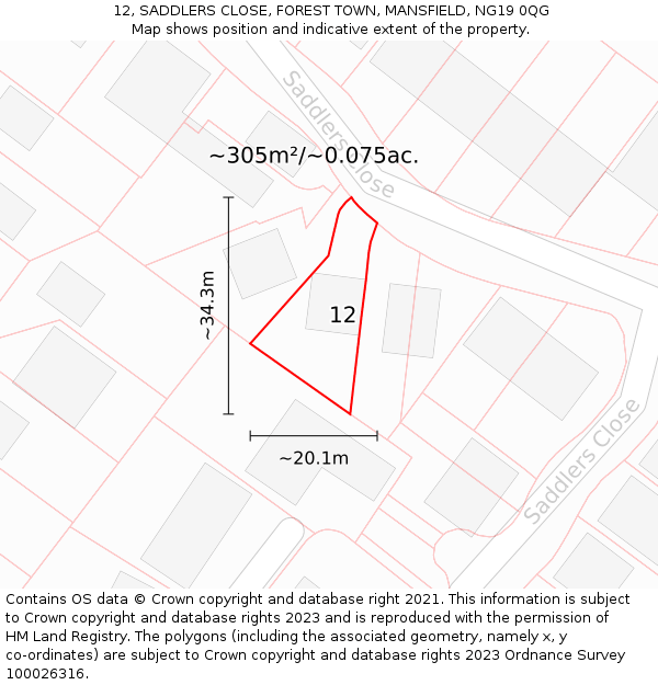 12, SADDLERS CLOSE, FOREST TOWN, MANSFIELD, NG19 0QG: Plot and title map