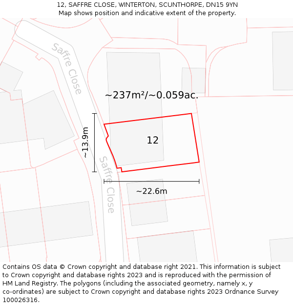 12, SAFFRE CLOSE, WINTERTON, SCUNTHORPE, DN15 9YN: Plot and title map