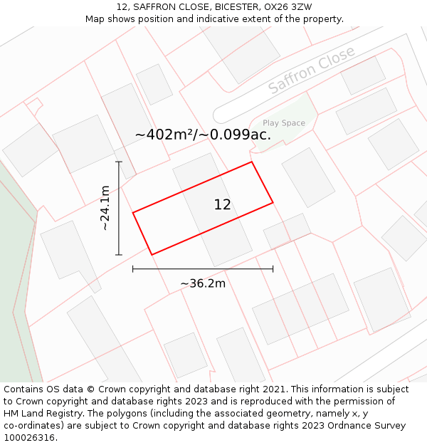 12, SAFFRON CLOSE, BICESTER, OX26 3ZW: Plot and title map