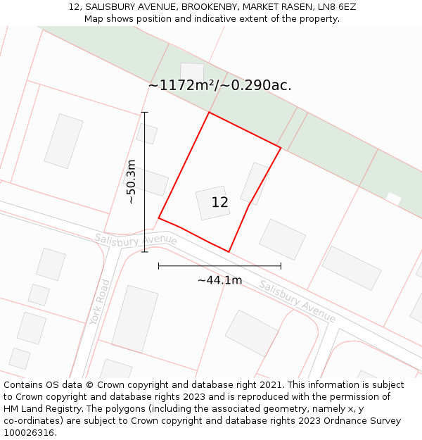 12, SALISBURY AVENUE, BROOKENBY, MARKET RASEN, LN8 6EZ: Plot and title map