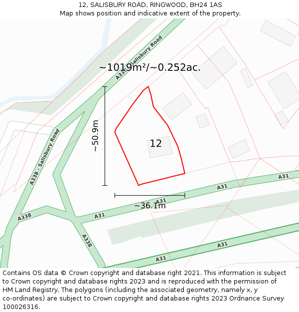 12, SALISBURY ROAD, RINGWOOD, BH24 1AS: Plot and title map