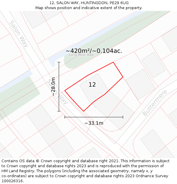 12, SALON WAY, HUNTINGDON, PE29 6UG: Plot and title map