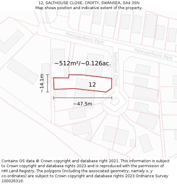 12, SALTHOUSE CLOSE, CROFTY, SWANSEA, SA4 3SN: Plot and title map