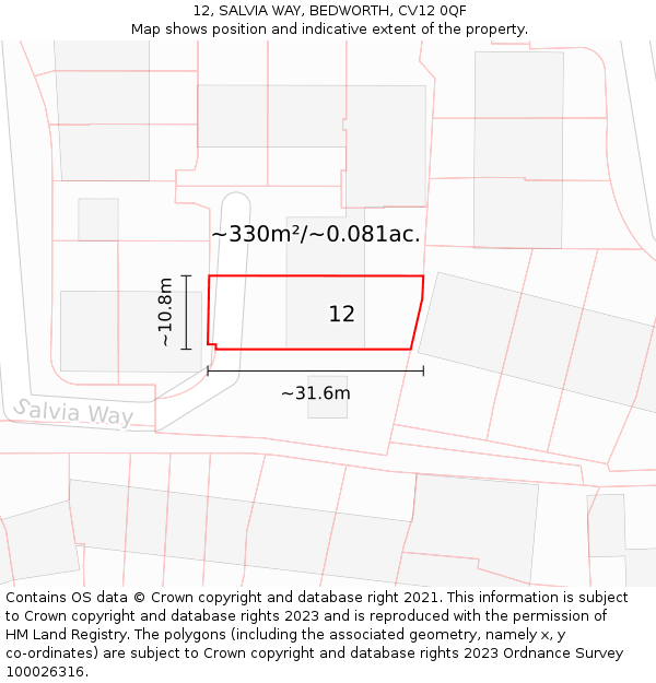 12, SALVIA WAY, BEDWORTH, CV12 0QF: Plot and title map
