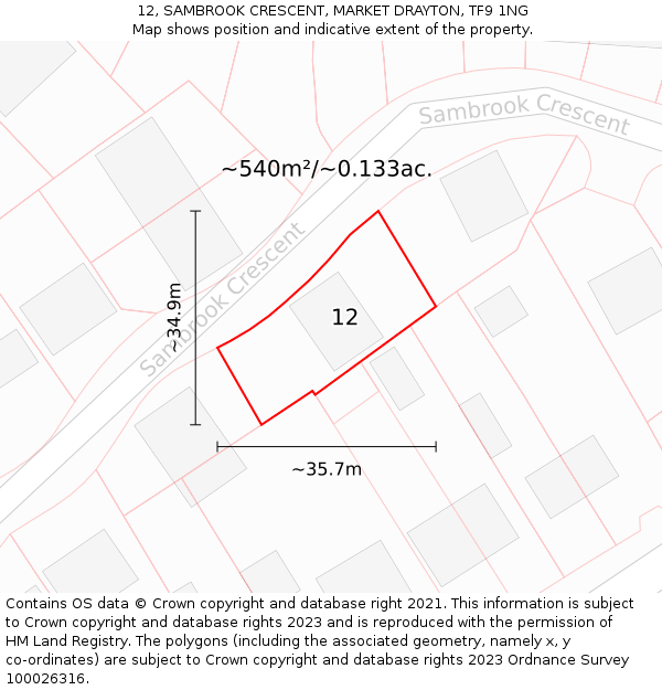 12, SAMBROOK CRESCENT, MARKET DRAYTON, TF9 1NG: Plot and title map
