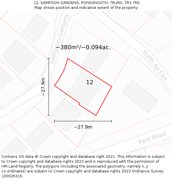 12, SAMPSON GARDENS, PONSANOOTH, TRURO, TR3 7RS: Plot and title map