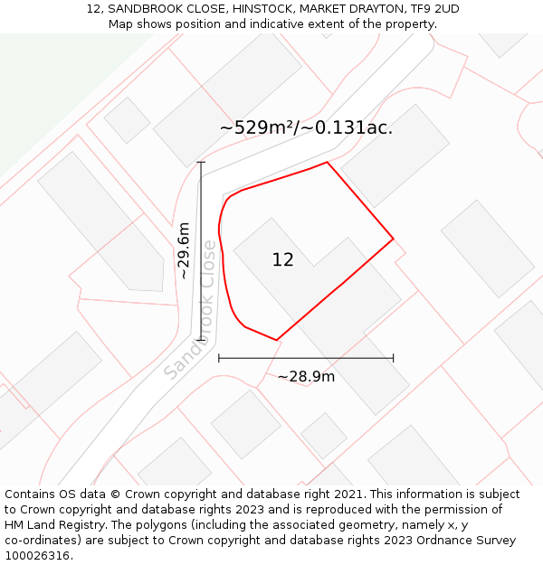 12, SANDBROOK CLOSE, HINSTOCK, MARKET DRAYTON, TF9 2UD: Plot and title map