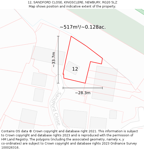 12, SANDFORD CLOSE, KINGSCLERE, NEWBURY, RG20 5LZ: Plot and title map