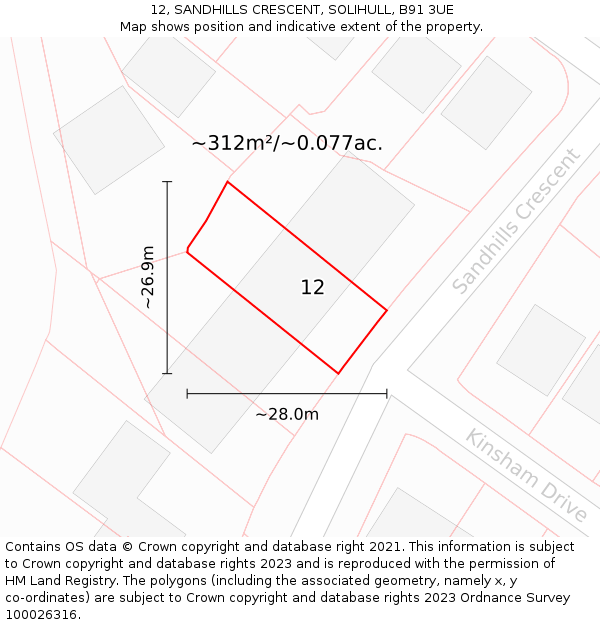 12, SANDHILLS CRESCENT, SOLIHULL, B91 3UE: Plot and title map