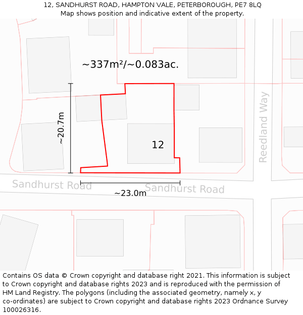 12, SANDHURST ROAD, HAMPTON VALE, PETERBOROUGH, PE7 8LQ: Plot and title map
