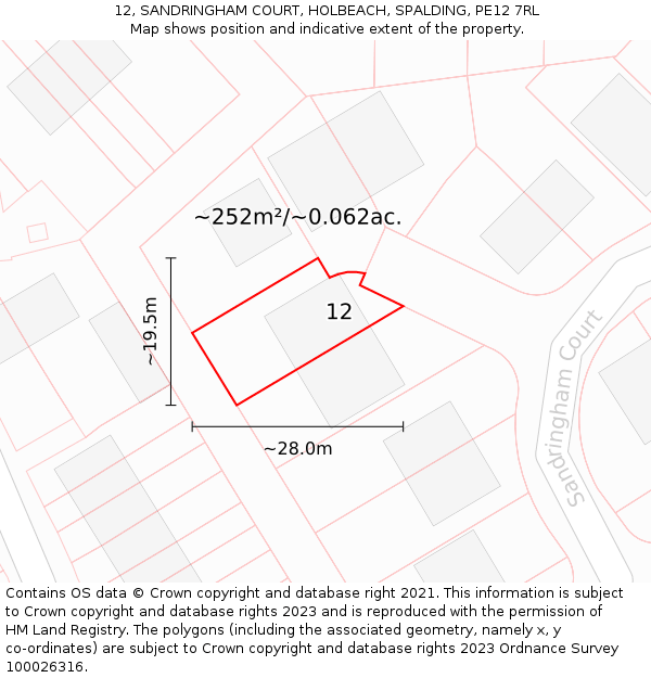 12, SANDRINGHAM COURT, HOLBEACH, SPALDING, PE12 7RL: Plot and title map