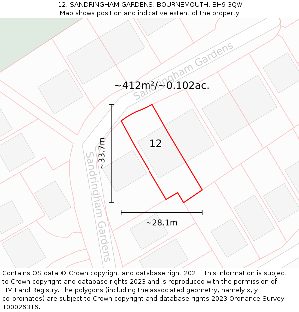 12, SANDRINGHAM GARDENS, BOURNEMOUTH, BH9 3QW: Plot and title map